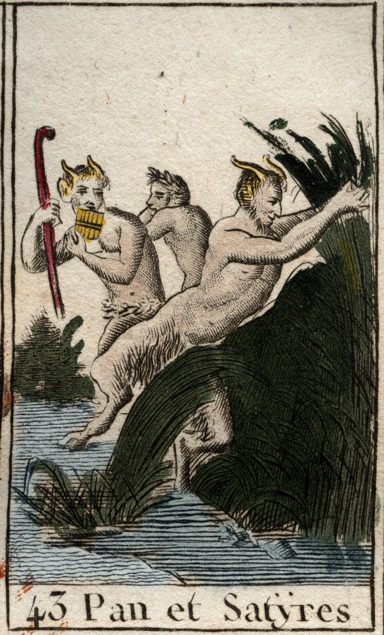 Darstellung des ländlichen Gottes Pan und Satyrn. Er hat behaarte Schenkel, Ziegenfüße und spielt Flöte (Syrinx). Aus „Mythologie der Jugend“ von Pierre Blanchard 1803 von French School
