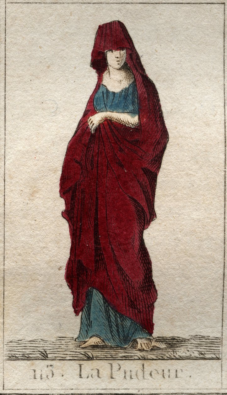 Darstellung der Gottheit der Bescheidenheit, einer jungen Frau mit einem Schleier bedecktem Gesicht. Aus „Mythologie der Jugend“ von Pierre Blanchard 1803 von French School
