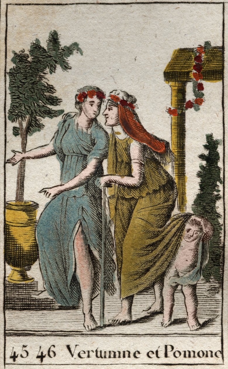 Darstellung des Gottes des Herbstes Vertumnus und Pomona, Nymphe der Früchte und des Gartens. Vertumnus nimmt das Aussehen einer alten Frau an, um Pomona zu verführen. Aus „Mythologie der Jugend“ von Pierre Blanchard 1803 von French School