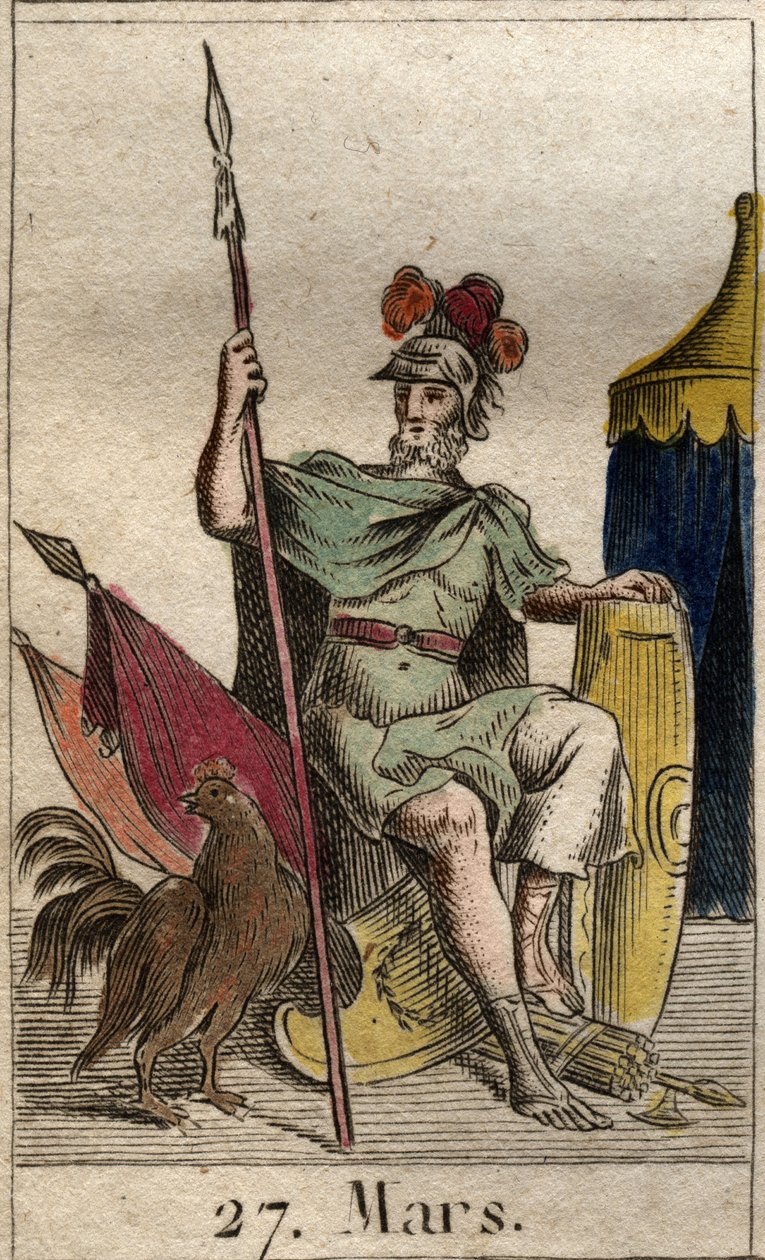 Darstellung des Kriegsgottes Mars, bewaffnet, neben einem Hahn. Aus „Mythologie de la jeunesse“ von Pierre Blanchard 1803. von French School