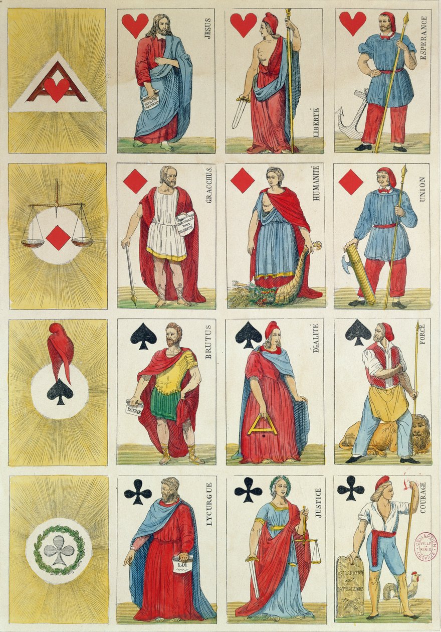 Reproduktion von republikanischen Spielkarten aus der Zeit der Revolution von 1848 von French School