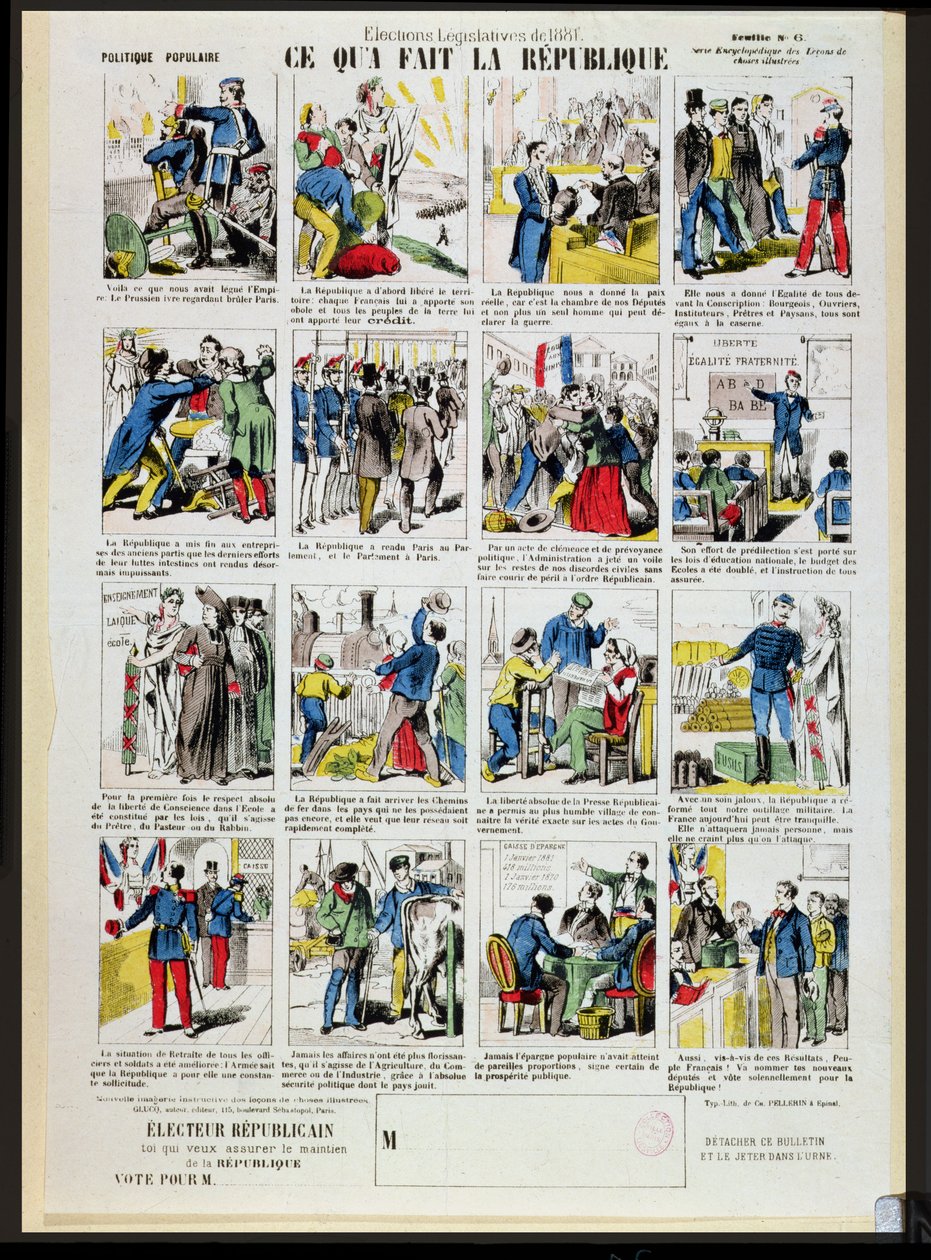 Republikanische Propaganda zur Unterstützung der Gründung der Dritten Republik, ca. 1881 von French School