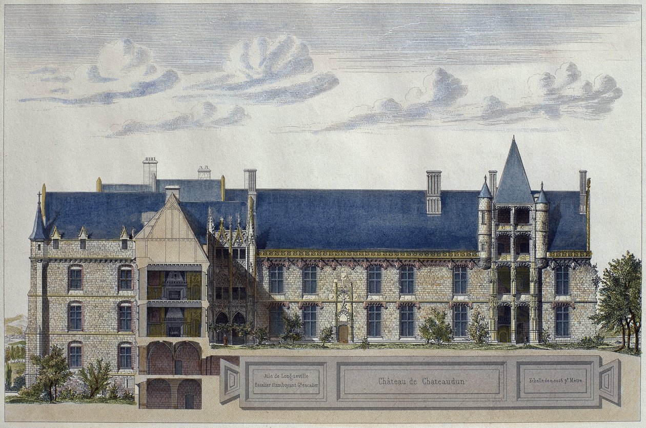 Restaurierung des Schlosses Chateaudun, Illustration aus Le Moniteur des architectes, graviert von H. Penel (Farbstich) von French School