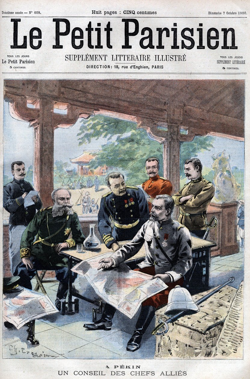 Revolte der Boxer: Ein Rat der alliierten Führer (Franzosen, Russen, Amerikaner, Engländer, Japaner) - in "Le Petit Parisien" von French School