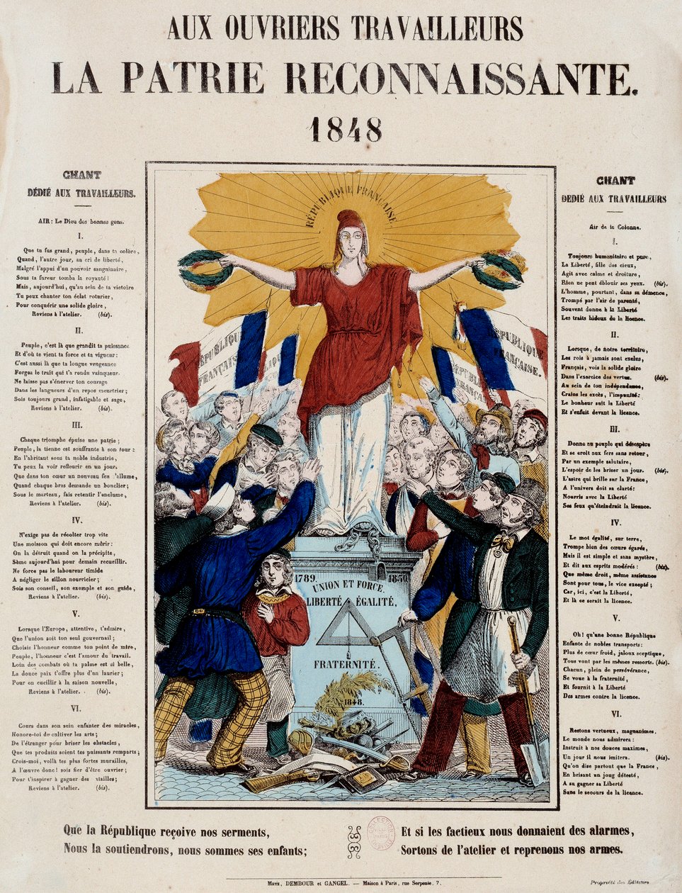 Revolution von 1848 und Geburt der zweiten Republik: Manifest und Lied mit dem Titel „An die Arbeiter, das dankbare Vaterland“, die Republik wird von den Arbeitern begrüßt. 1848 Paris, Musée Carnavalet von French School