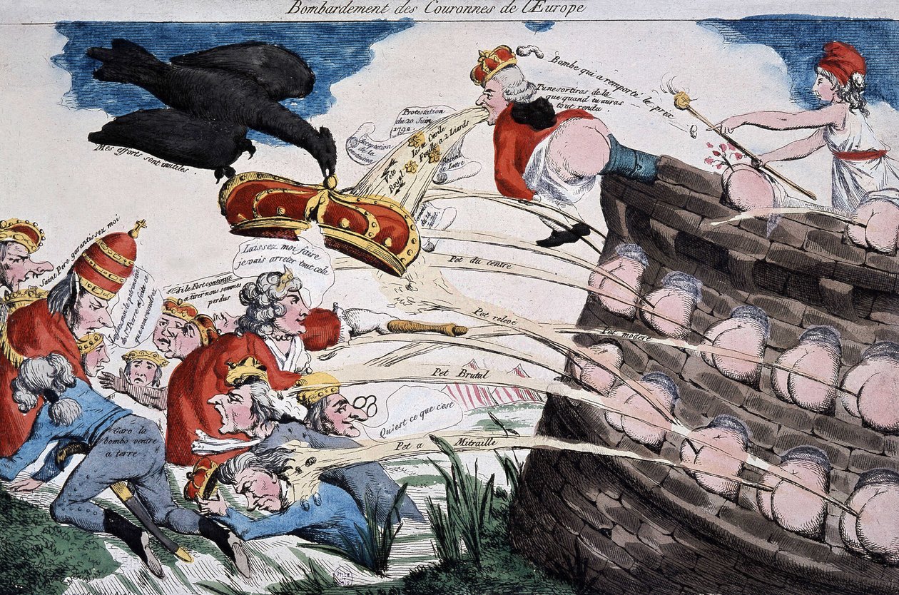 Revolutionäre Führer von Marianne bombardieren europäische Souveräne mit ihrem Mist. Karikatur veröffentlicht während der Französischen Revolution. Radierung. 1792. Musée Carnavalet. von French School