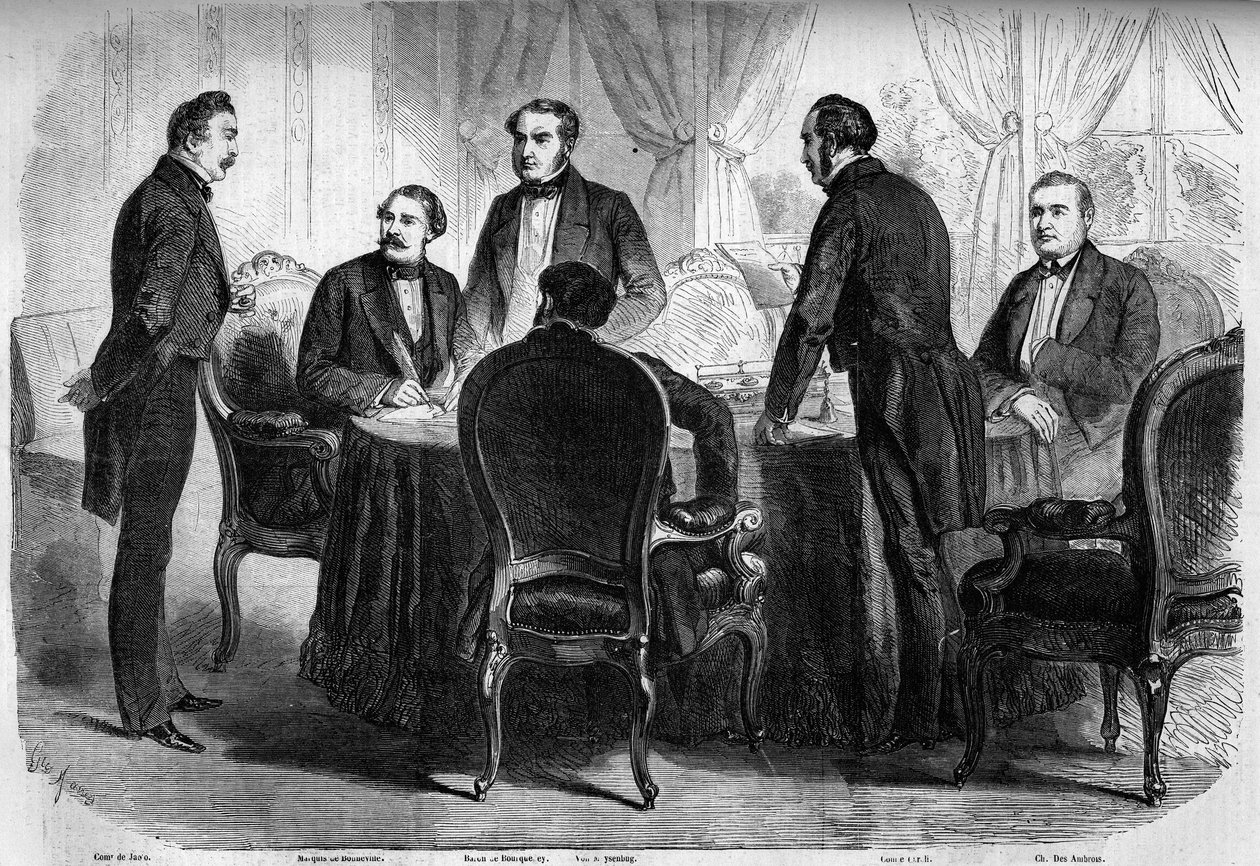 Risorgimento - Vertrag von Zürich - 10. November 1859: Unterzeichnung des Vertrags von Zürich durch die Bevollmächtigten von Frankreich, Österreich und Sardinien. Österreich muss die Lombardei an Italien abtreten. Gravur in „Le Monde Illustré“ Nr. 136 vom  von French School
