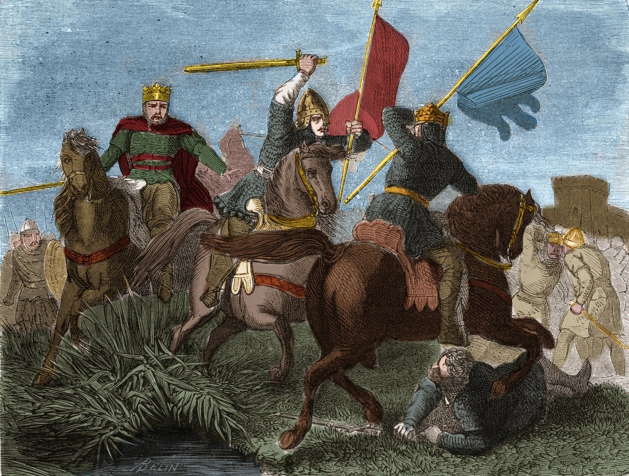 Robert I. von Frankreich, gekrönt zum König der Franken, getötet von einem Soldaten von Karl III. Gravur in "Histoire de France populaire" von Henri Martin. 19. Jahrhundert. von French School