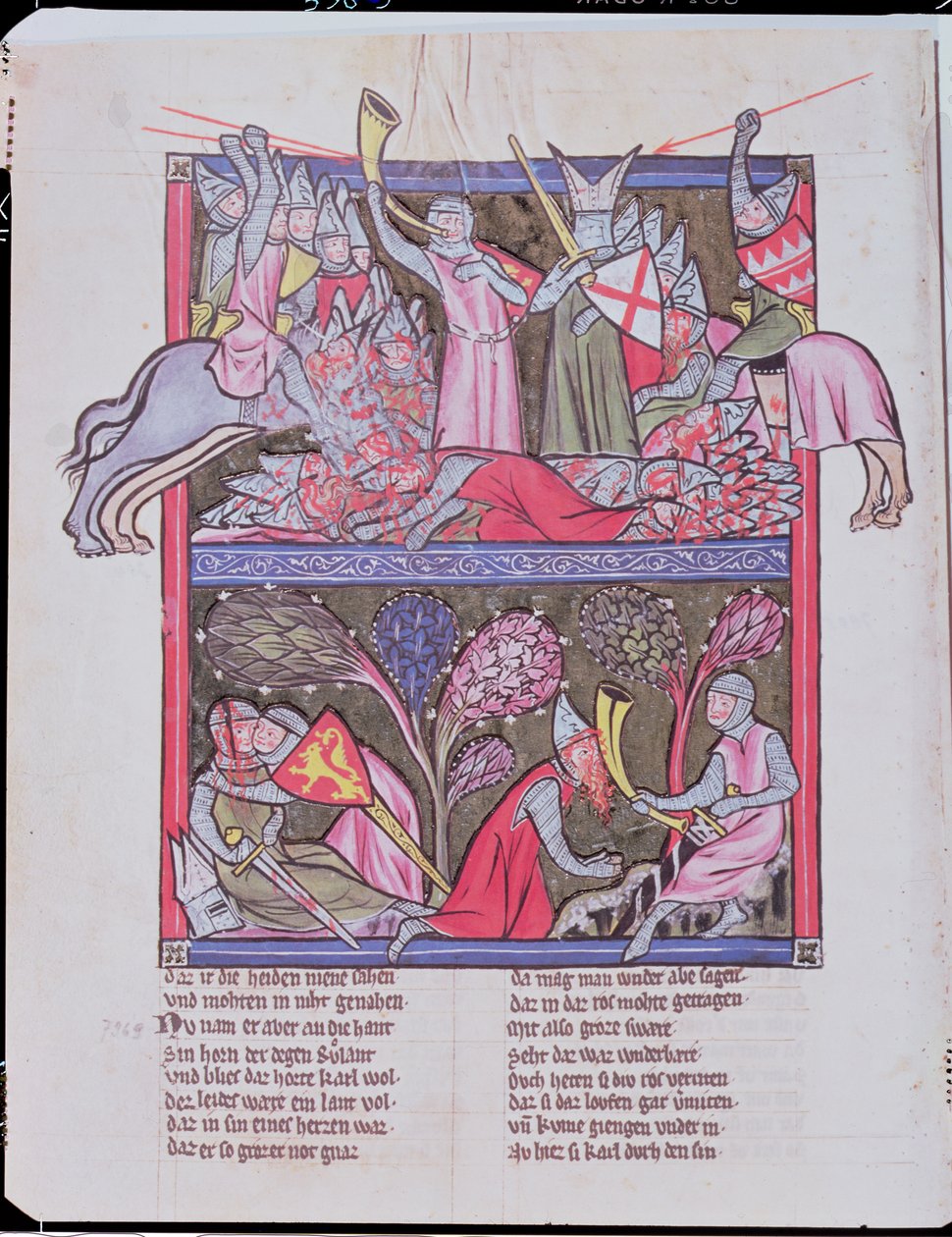 Roland bläst das Horn bei Roncevaux, Illustration aus Le Chanson de Roland, Kopie eines Originalmanuskripts in Saint-Gall, Schweiz von French School