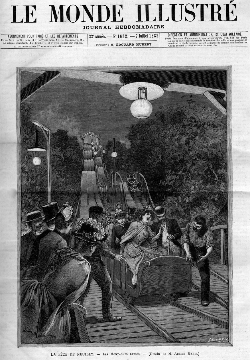 Achterbahn auf dem Fest von Neuilly-sur-Seine, Juli 1888. Titelblatt der Zeitung „Die illustre Welt“ von French School