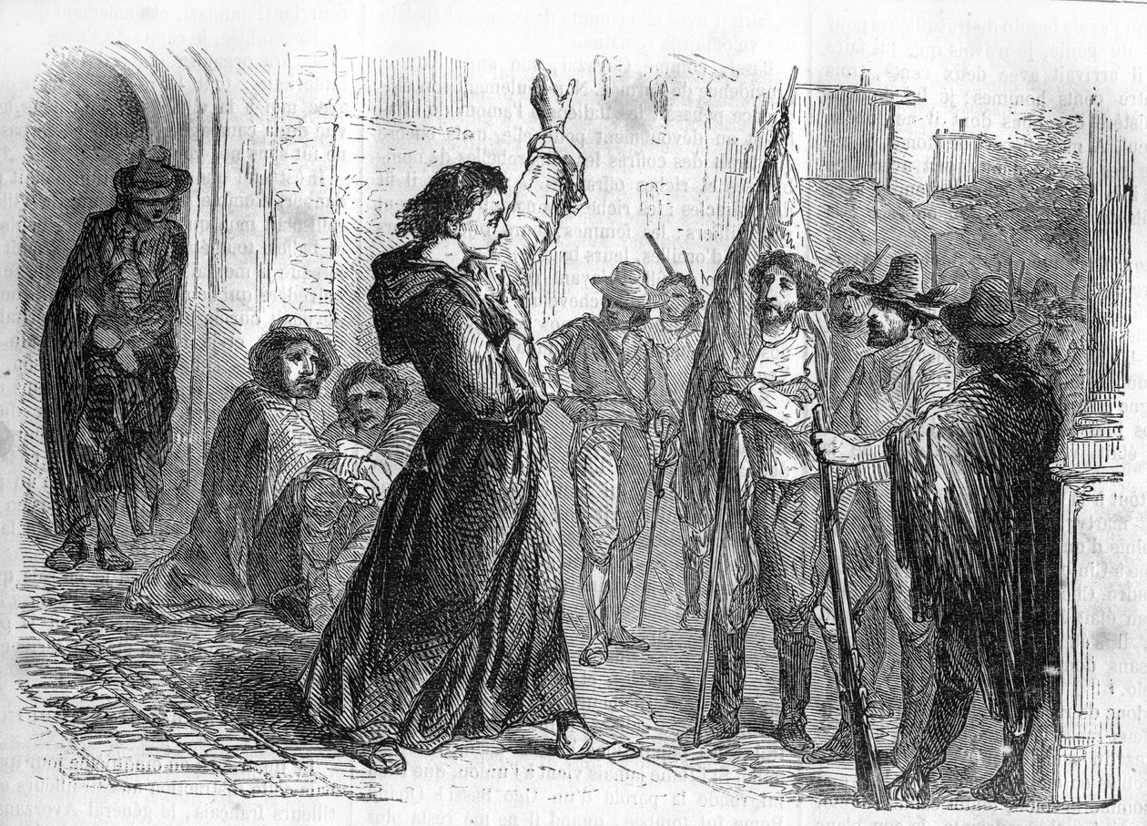 Romanserie: „Erinnerungen an Joseph Garibaldi“ von Alexandre Dumas (1802-1870). Ugo Bassi (1800-1849) hält eine Ansprache, um die Bevölkerung zur Teilnahme am Risorgimento 1848 zu ermutigen. Gravur in „Les bons romans“ von French School
