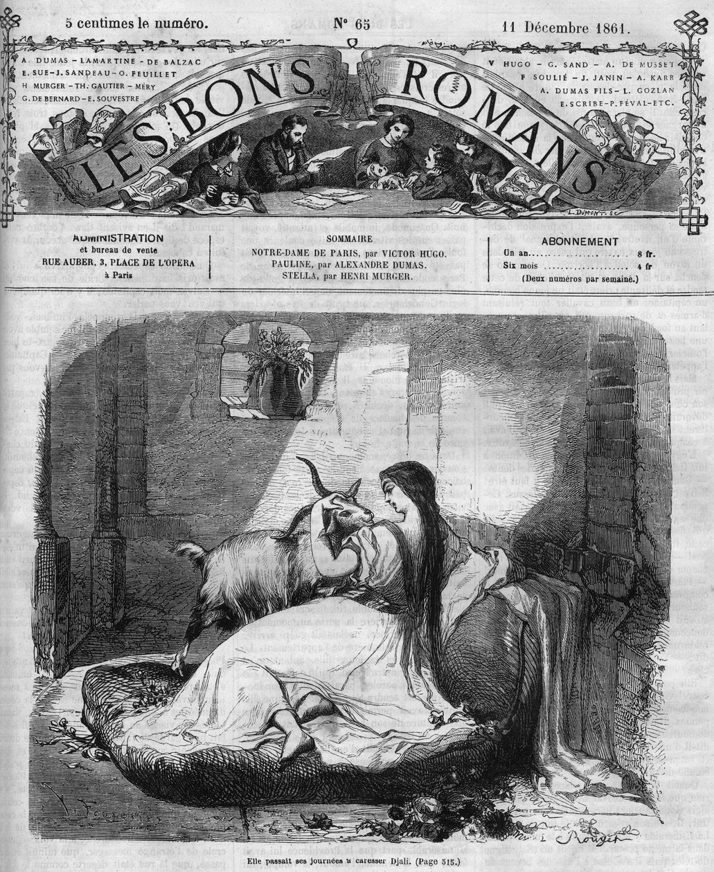 Romanserie: „Notre Dame de Paris“ von Victor Hugo (1802-1885). Esmeralda und die Ziege. Gravur in „Les bons romans“ von French School