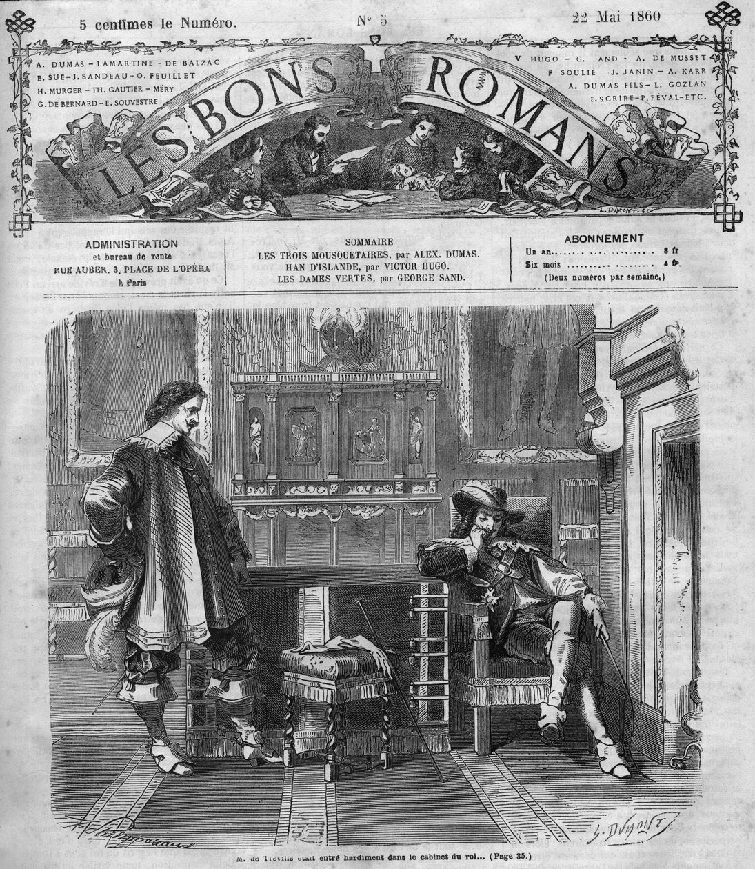 Romanserie: „Die drei Musketiere“ von Alexandre Dumas (1802-1870). Monsieur de Tréville kehrt mutig in das Büro des Königs zurück. Gravur in „Les bons romances“ von French School