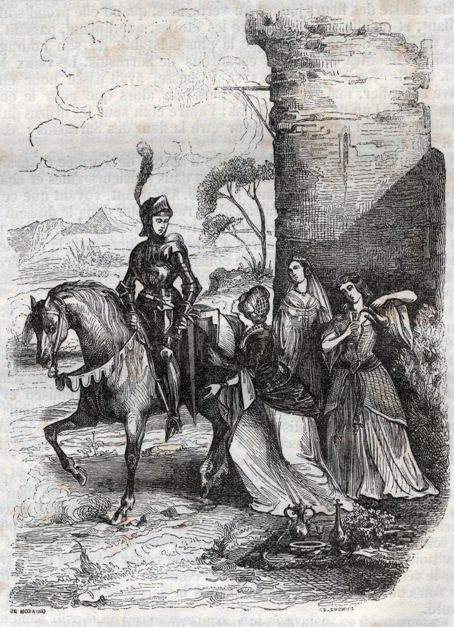 Ruggiero und drei Nymphen vom Hofe Alcinas - Gravur von 1851 aus dem Gedicht Orlando furioso von French School