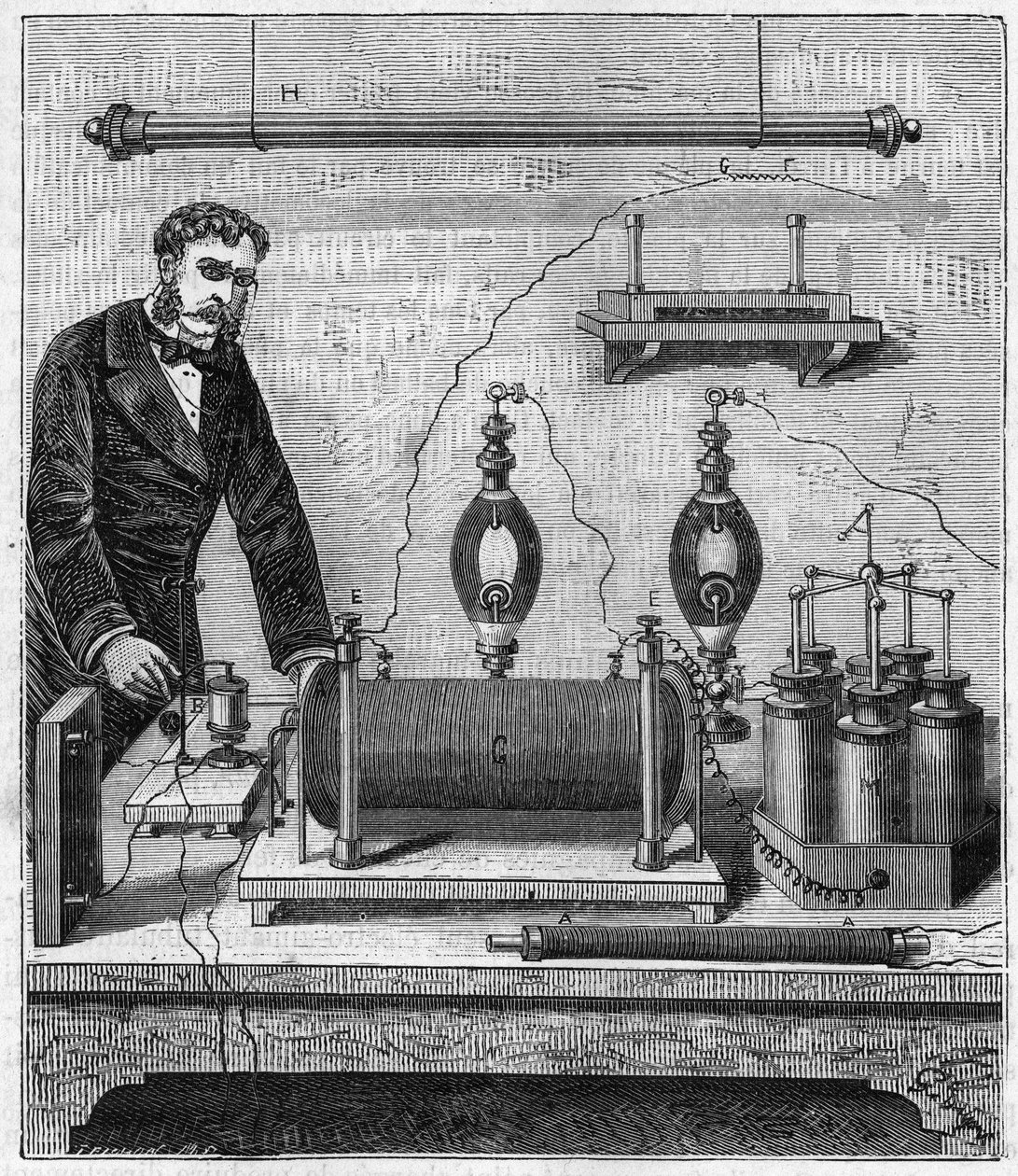 Ruhmkorff-Induktor - Die Induktionsspule von Ruhmkorff (Heinrich Daniel Ruhmkorff) - Gravur in „Wissenschaften für jedermann - Physik und Chemie“ von Alexis Clerc - Ende 19. Jahrhundert - Private Sammlung von French School