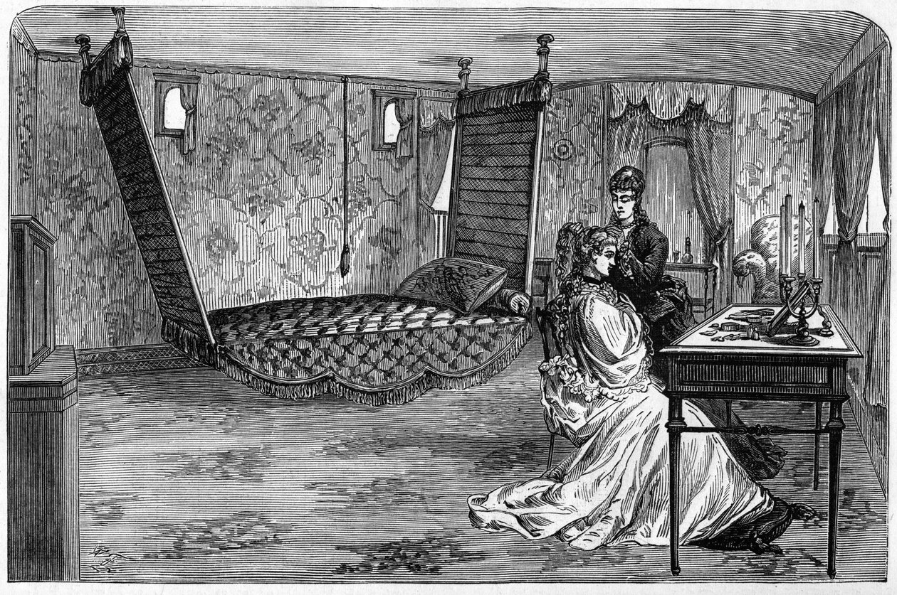 Russischer Kaiserzug, genutzt vom Herzog und der Herzogin von Edinburgh 1874: der Schlafwagen. Gravur in „Le Monde Illustré“ Nr. 886 vom 6. April 1874 von French School