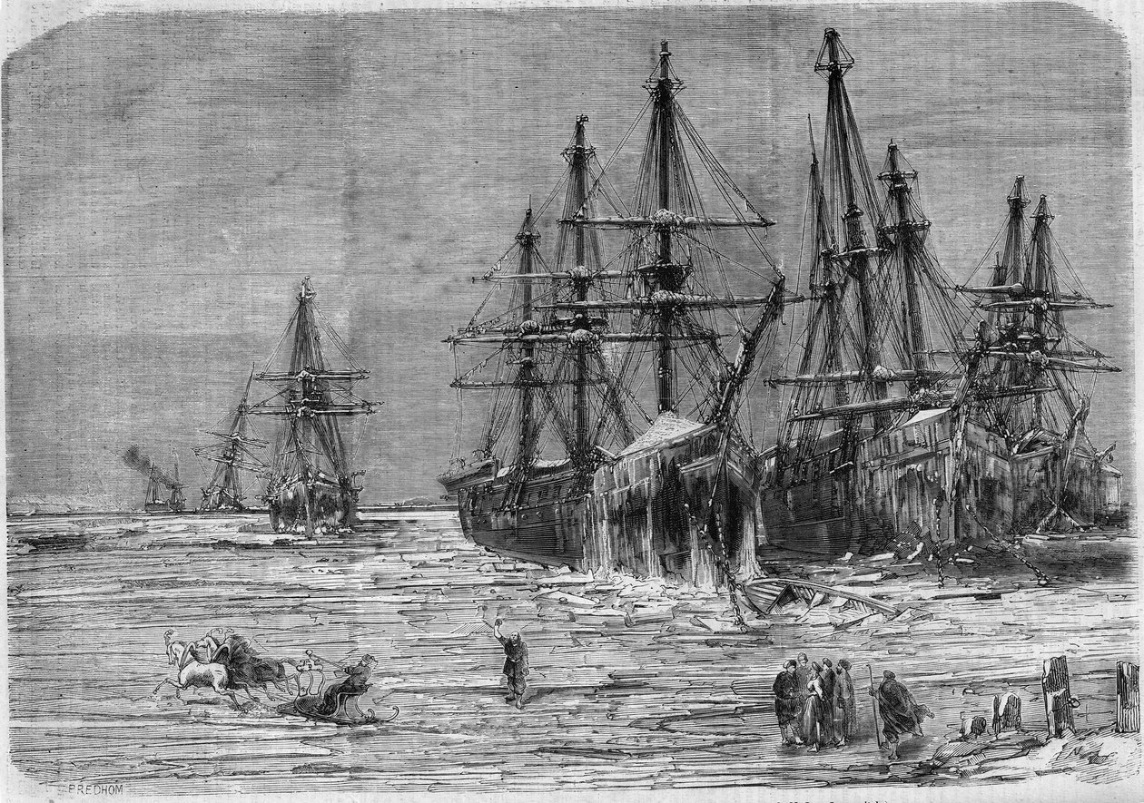 Russische Schiffe, die im Eis am Mündungsgebiet des Dnepr im Schwarzen Meer gefangen sind von French School