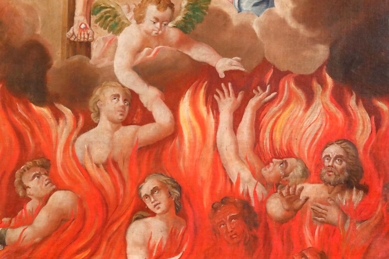Kirche Saint-Nicolas de Veroce. Jüngstes Gericht: die Hölle. Eine Gruppe der Geretteten. Malerei. Frankreich. von French School