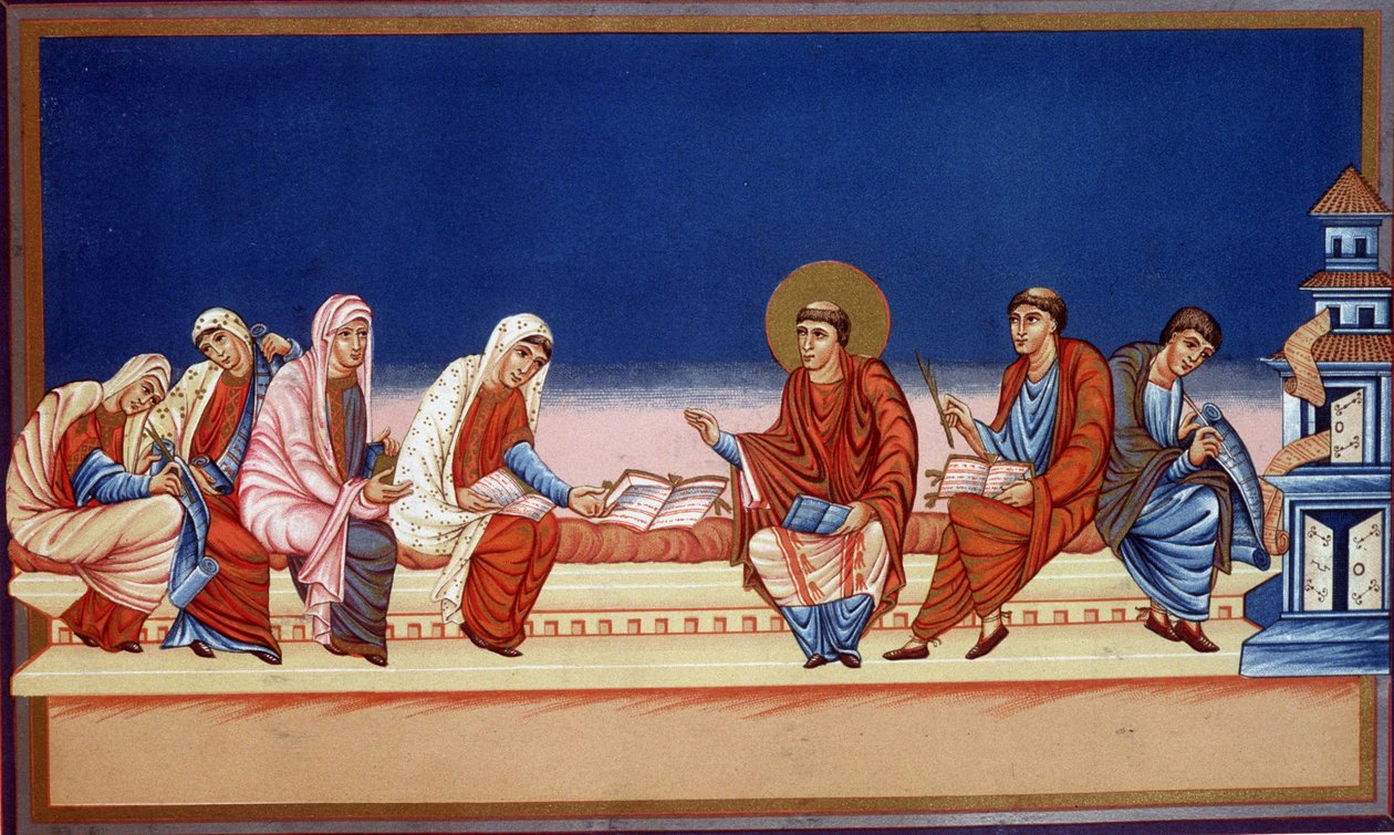 Der heilige Hieronymus erklärt Eustochia und Paule das Evangelium, 9. Jahrhundert von French School