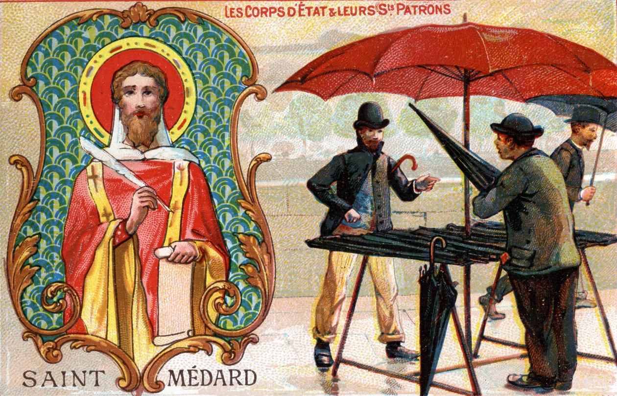 Heiliger Médard, Schutzpatron der Regenschirmverkäufer, ca. 1910 von French School