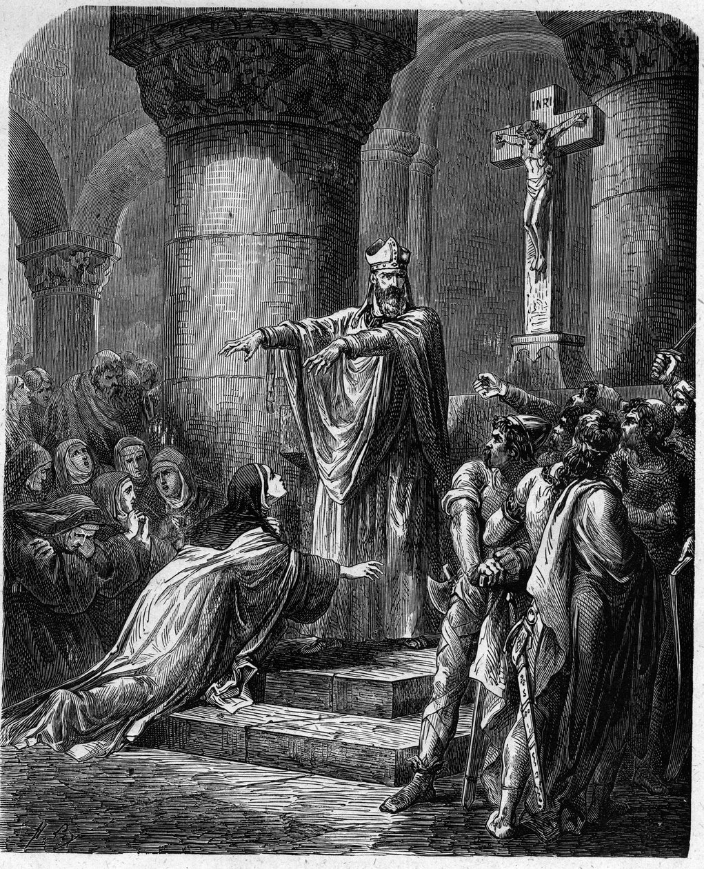 Der heilige Medard von Noyon (gestorben 560) bietet der heiligen Radegonde (ca. 520-587), Ehefrau von König Clothaire, religiöse Kleidung an von French School