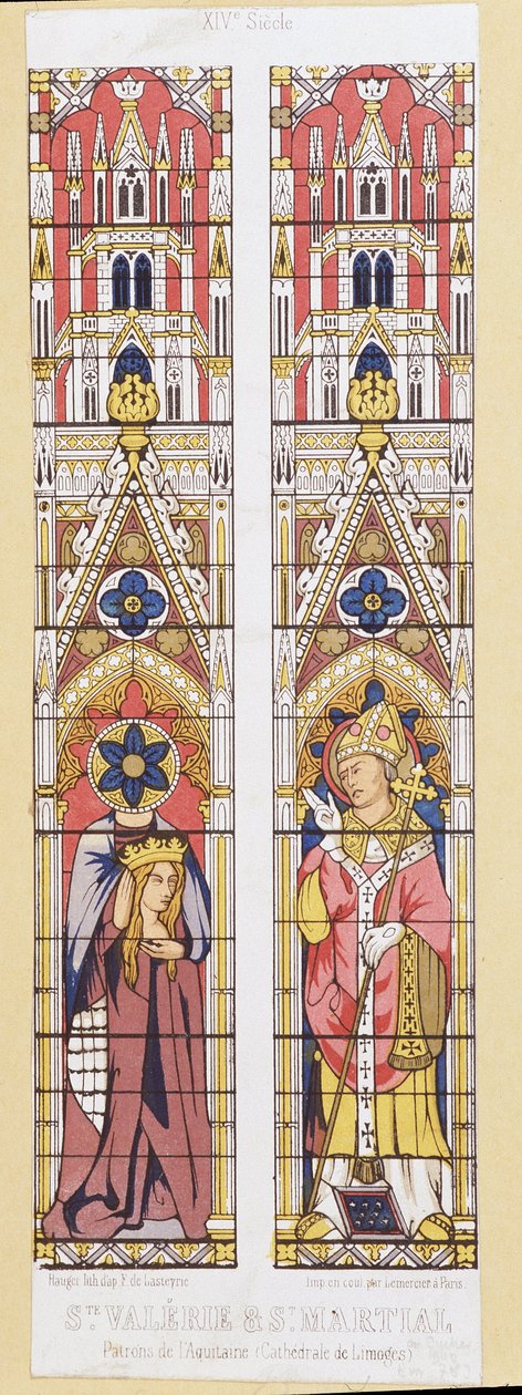 Heilige Valerie, Jungfrau und Märtyrerin in Limoges (3. Jahrhundert) und Heiliger Martial, Bischof von Limoges (3. Jahrhundert), Schutzpatrone von Aquitanien. Faksimile, das die Glasfenster der Kathedrale von Limoges reproduziert. von French School