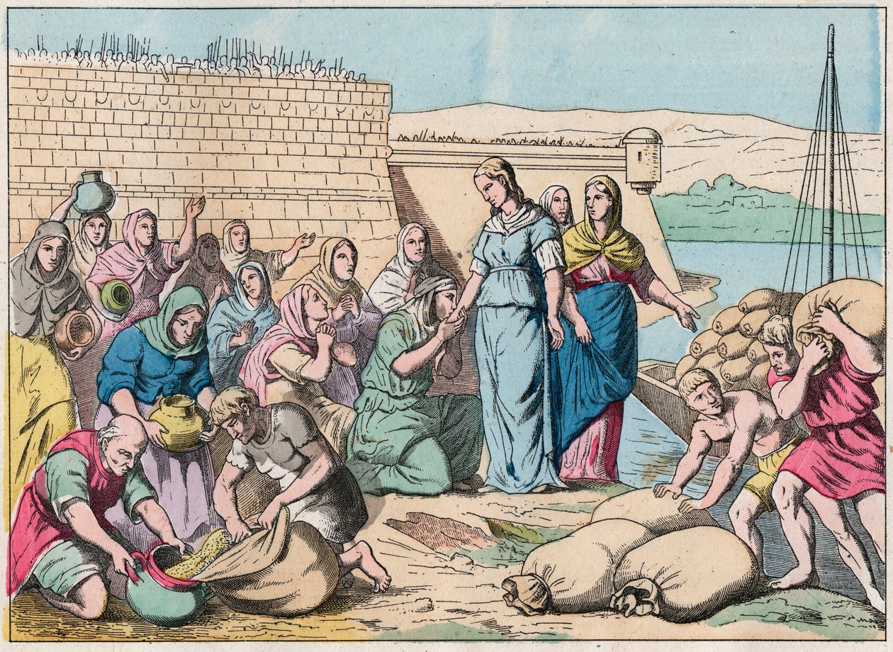 Sainte Genevieve verteilt während der Belagerung von Paris durch die Armee der Hunnen von Attila im Jahr 451 (Barbareninvasionen) Lebensmittel an die Menschen - Sainte Genevieve und das Volk von Paris - Gravur Ende des 19. Jahrhunderts in „Nos Gires Nation von French School