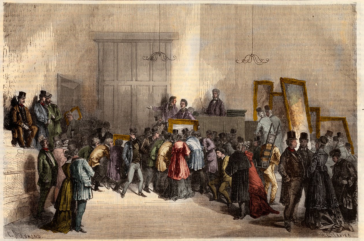 Gemäldeauktion im Hotel der Auktionatoren in Paris im Jahr 1868. Gravur in „L