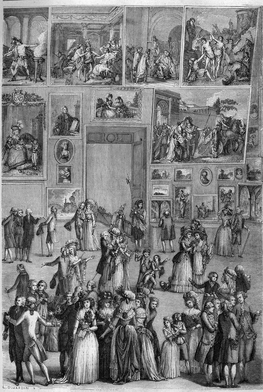 Salon de 1787: Ansicht des Salon Carré im Louvre während der Gemäldeausstellung in Paris. Gravur von Martini in „The Picturesque Store“ von French School
