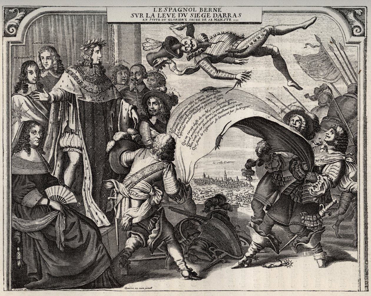 Satirische Allegorie über die Aufhebung der Belagerung von Arras im Jahr 1654 nach der Krönung von Ludwig XIV. (1638-1715). Unten links ist Königin Anna von Österreich (1601-1666). Neben Ludwig XIV. steht Kardinal Jules Mazarin (1602-1661). Gravur von French School