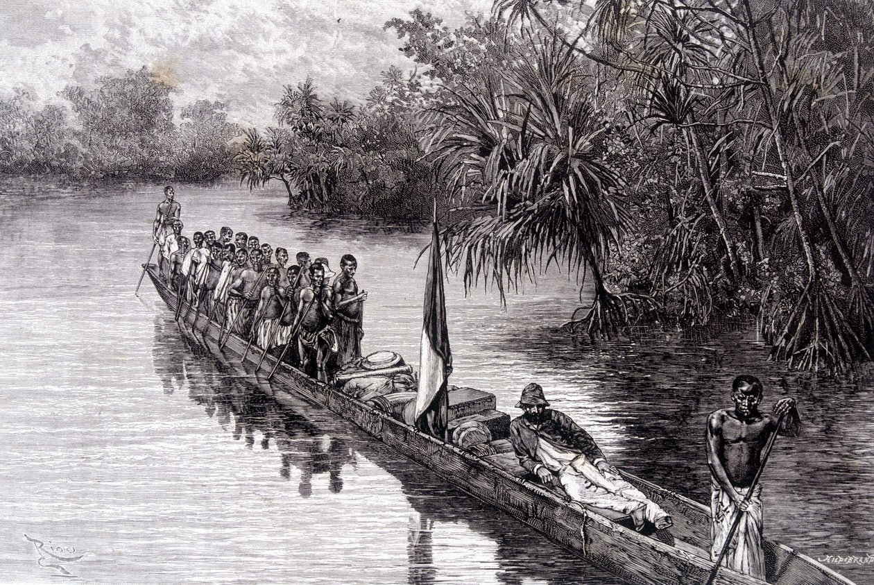 Savorgnan de Brazza in einem Kanu im Pandanus von Westafrika - in „Tour du Monde“, 2. Woche 1887 von French School