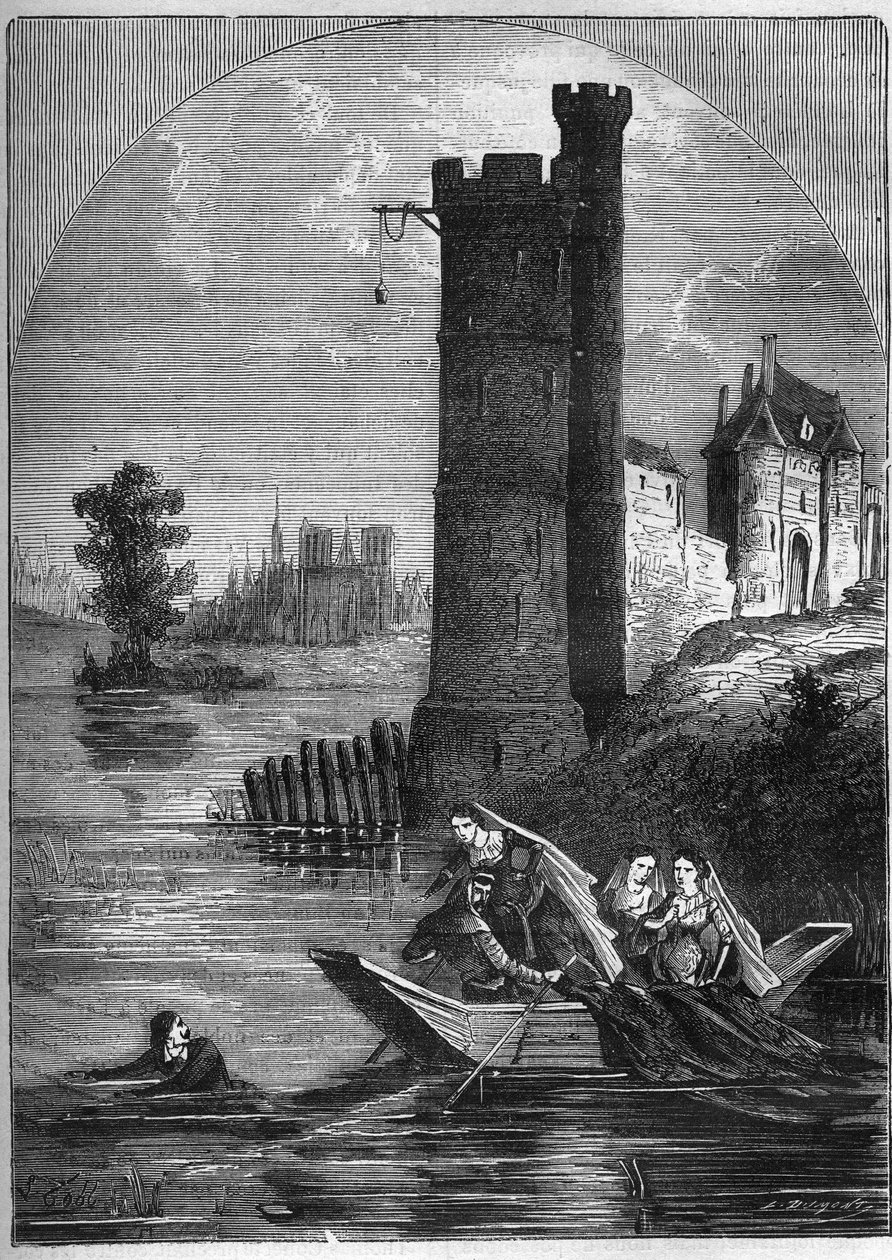 Skandal (Affäre) des Turms von Nesle: Jean Buridan entkam 1314 aus dem Turm von Nesle trotz der Falle, die Königin Marguerite von Burgund (1290-1315) gestellt hatte. Gravur in „Histoire de la prostitution et de la débauche dans les peuples du globe“ von French School
