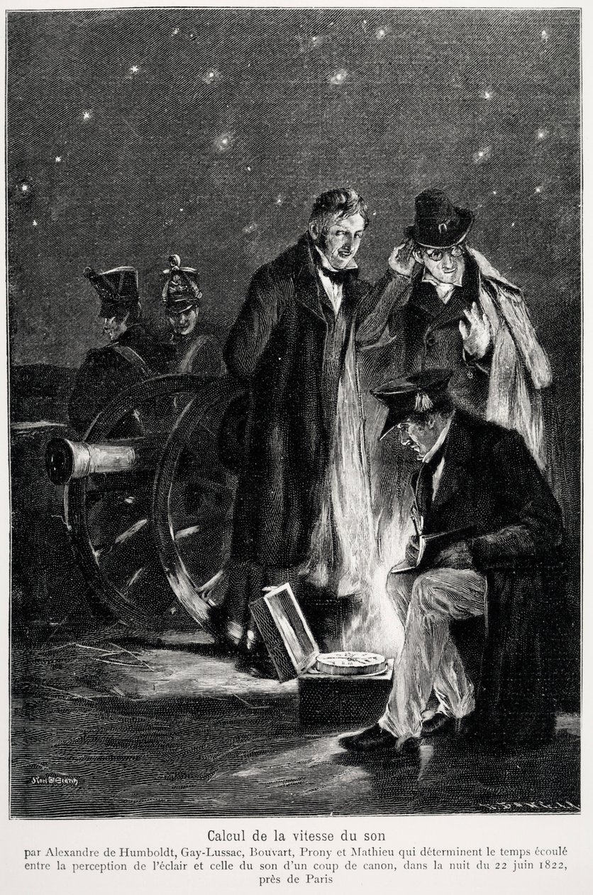 Wissenschaftliches Experiment: die Berechnung der Schallgeschwindigkeit, von Humboldt, Louis-Joseph Gay-Lussac (Louis Joseph Gay Lussac), Bouvard, Prony und Mathieu, die die Zeit bestimmen, die zwischen der Wahrnehmung des Lichts und dem eines Gewehrschuss von French School
