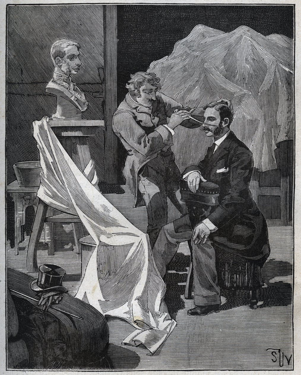 Bildhauerei, Werkstatt eines Bildhauers, Fokus und Skulptur einer Büste. Gravur von 1880 in „Les arts et métiers illustrés“ von Adolphe Bitard. von French School