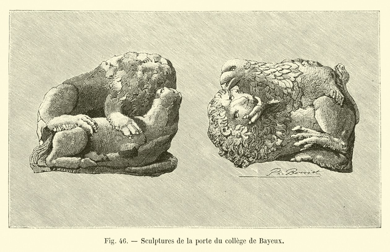 Skulpturen des Tores des Kollegs von Bayeux (Gravur) von French School