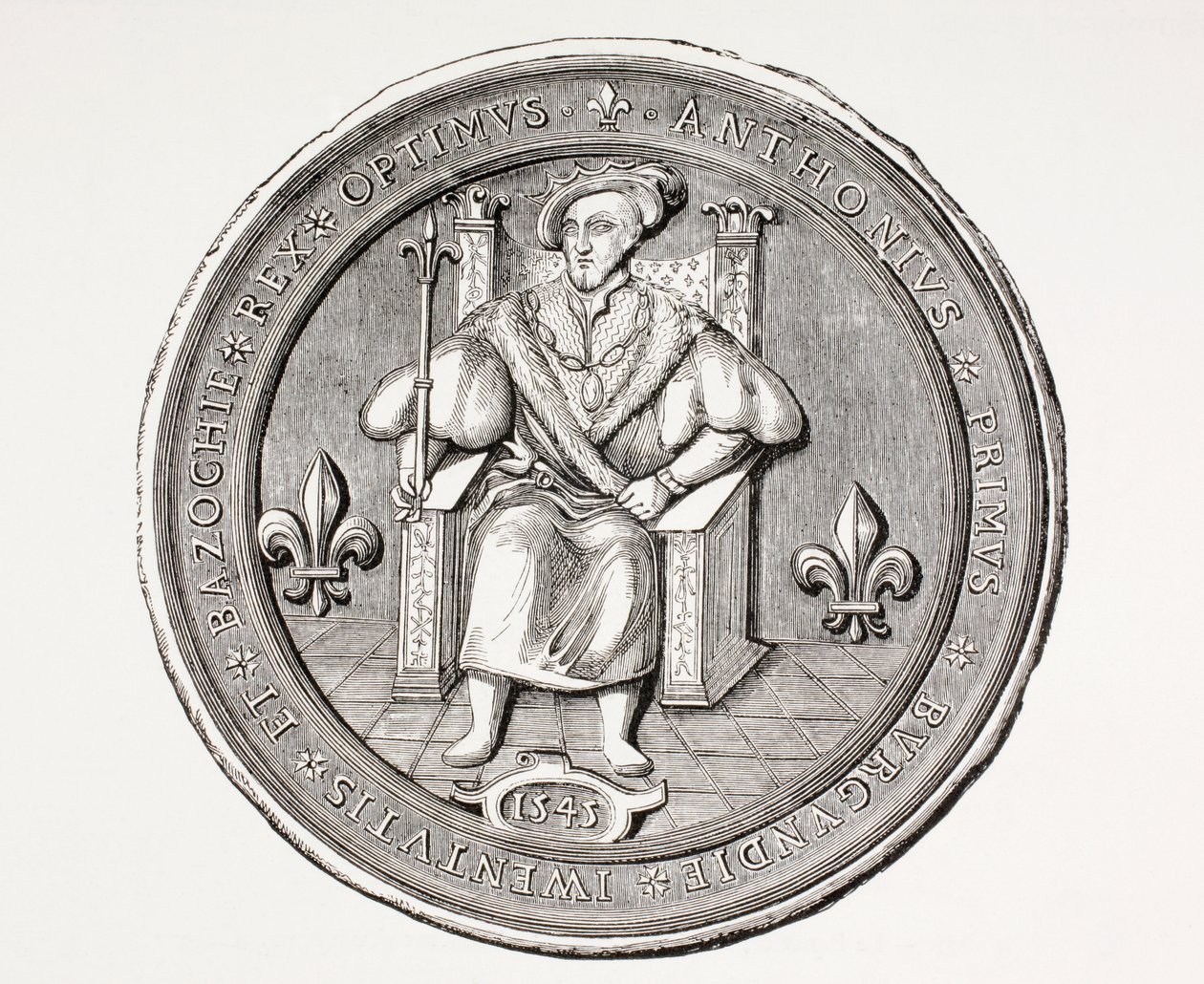 Siegel des Königs der Basoche, des Anführers der Gilde der Gerichtsschreiber des Pariser Gerichtssystems, aus Les Arts au Moyen Age, veröffentlicht 1873 von French School