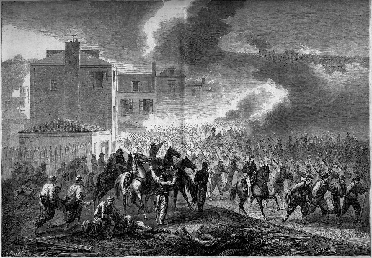 Sezessionskrieg (1861-1865) oder Amerikanischer Bürgerkrieg: Evakuierung der Stadt Corinth (Mississippi) im Jahr 1862. Gravur in „Le Monde Illustré“ Nr. 275 vom 19. Juli 1862 von French School