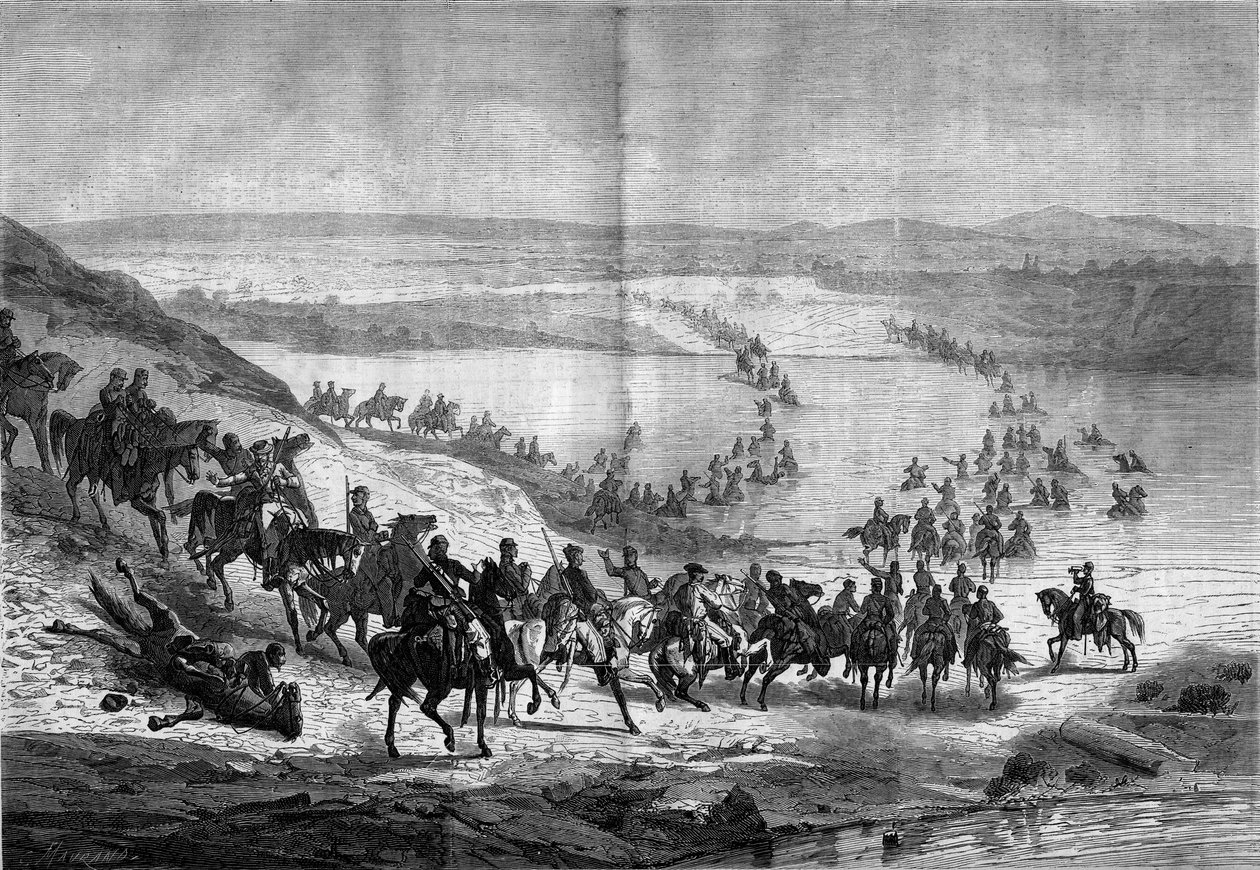 Sezessionskrieg (1861-1865) oder Amerikanischer Bürgerkrieg: Überquerung des Potomac durch die Südstaatenkavallerie von General Stuart. Gravur in „Le Monde Illustré“ Nr. 293 vom 22. November von French School