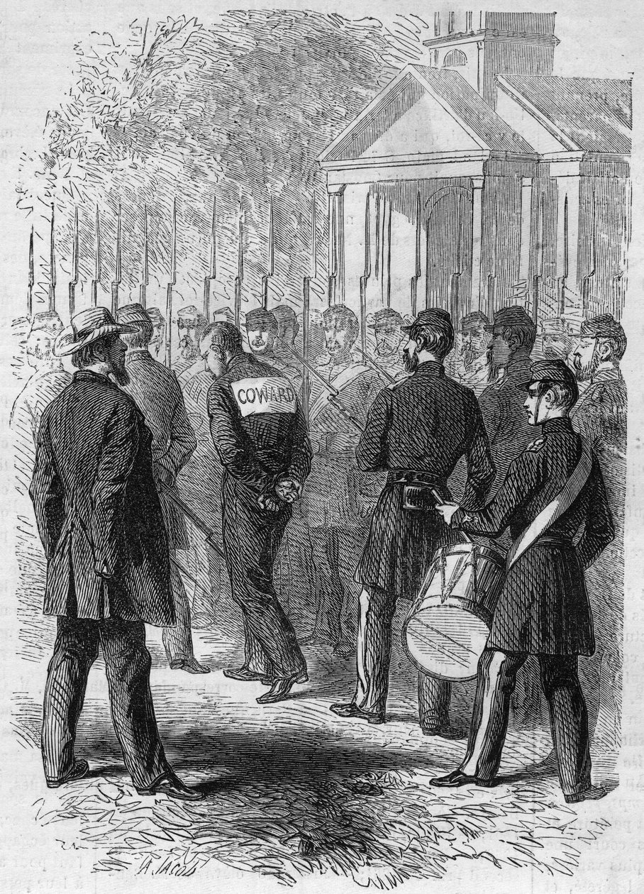 Sezessionskrieg (1861-1865) oder Amerikanischer Bürgerkrieg: Bestrafung eines Soldaten der Nordarmee, der des Feiglings im Kampf beschuldigt wird. Mit gefesselten Händen und einem „Feigling“-Schild auf dem Rücken durchquert er das Lager im Trommelklang. Gr von French School
