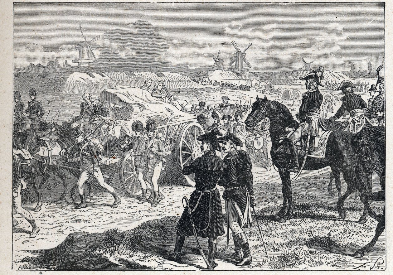 Zweite Koalition: Die französische Armee unter dem Kommando von Marschall Brune besiegt die englischen Truppen des Herzogs von York in Holland, Oktober 1799 von French School