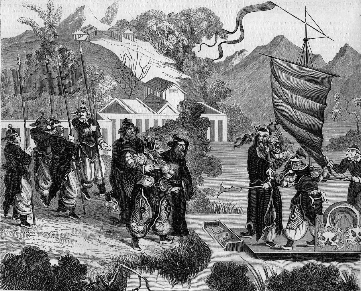 Zweiter Opiumkrieg zwischen Frankreich und England und China (1858-1860): Chinesische Karikatur des Konflikts. Ein Boot ist bereit, die Küste unter dem spöttischen Blick einer Gruppe von Chinesen zu erreichen. An Bord des Bootes zwei Figuren, die Frankreic von French School