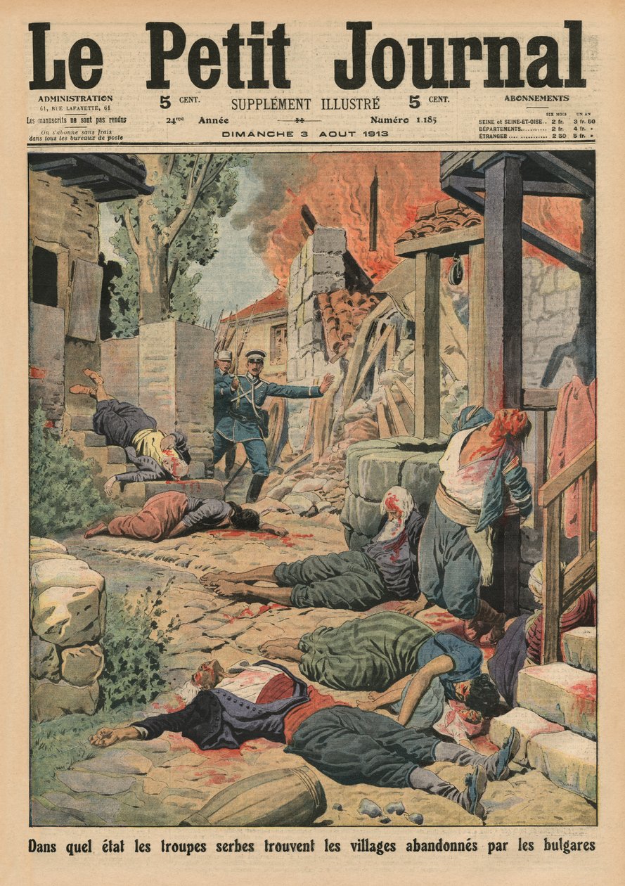 Serbische Truppen kommen in den von den Bulgaren verlassenen Dörfern an, Titelillustration aus 
