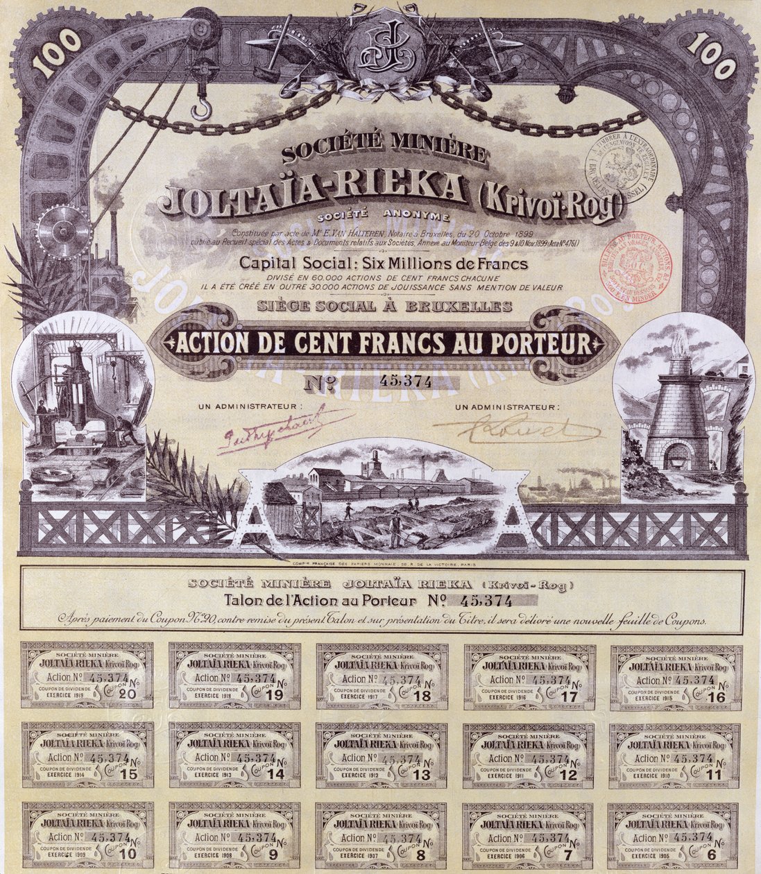 Aktienzertifikat über 100 Francs für die französisch-russische Joltaia-Rieka-Bergbaugesellschaft, 1899 von French School
