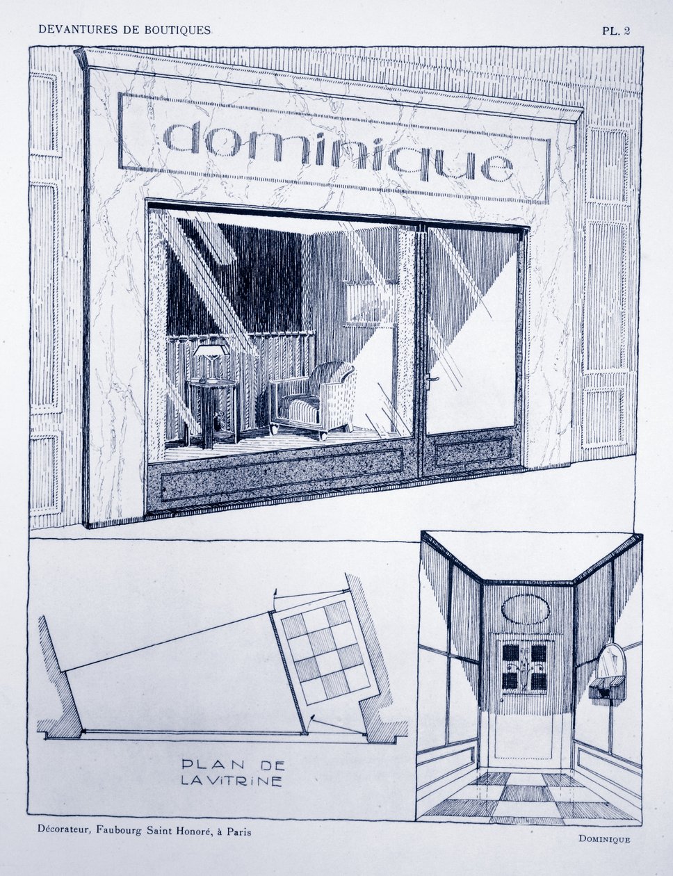 Ladenfront, Platte 2, Illustration aus Devantures de Boutiques von Louis-Pierre Sezille, Paris, 1927 von French School