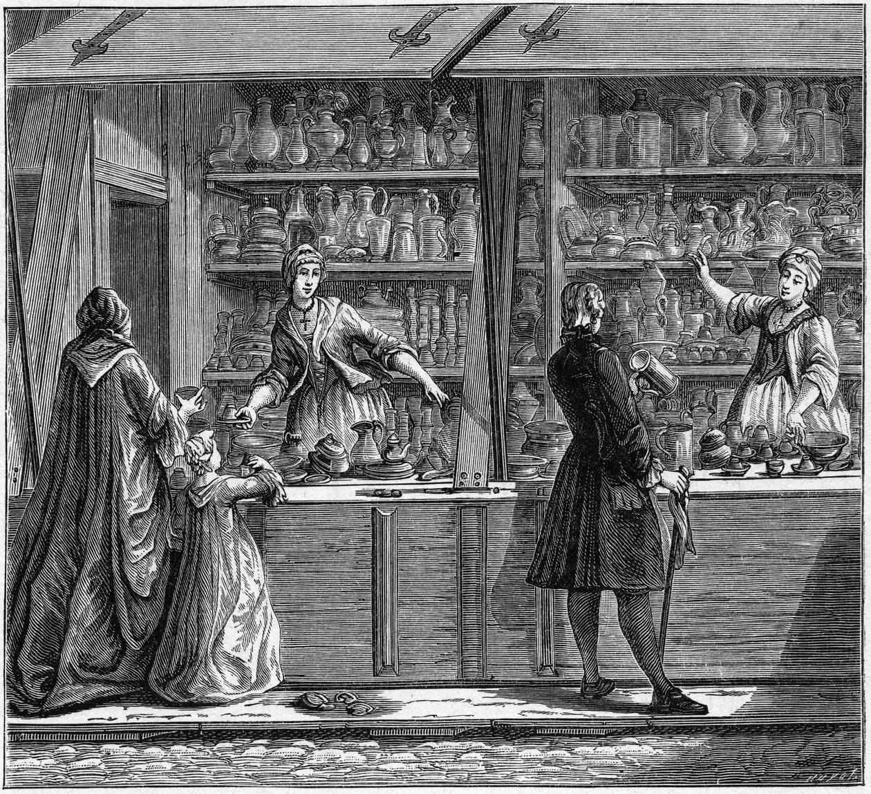 Laden eines Zinnschmieds im 18. Jahrhundert. Gravur in „La Marine et les colonies: commerce“ von French School