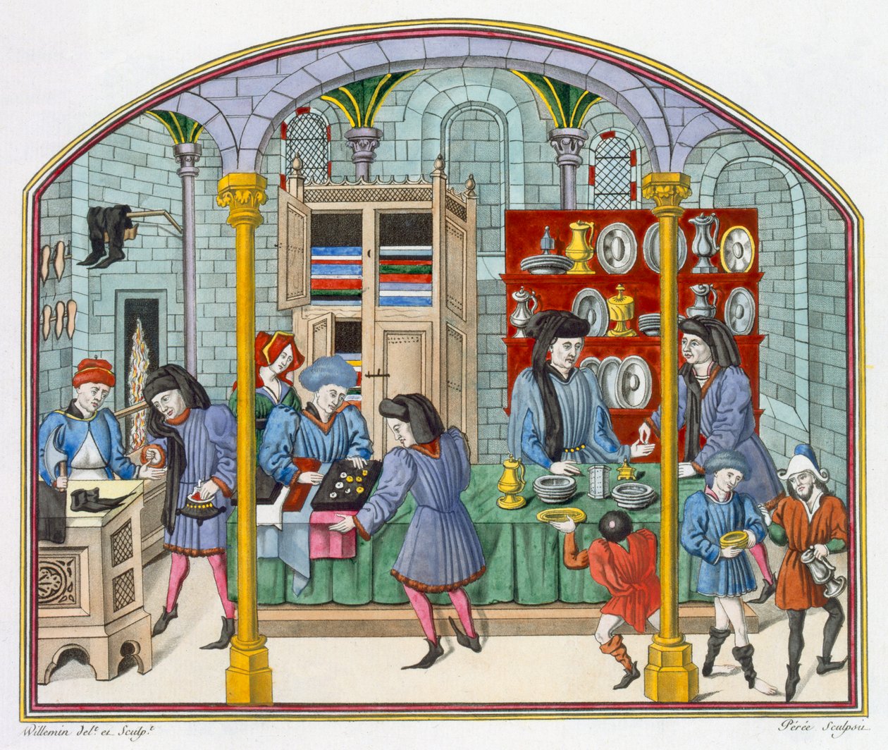 Läden unter einem überdachten Markt, nach einer Miniatur in einer Übersetzung von Aristoteles