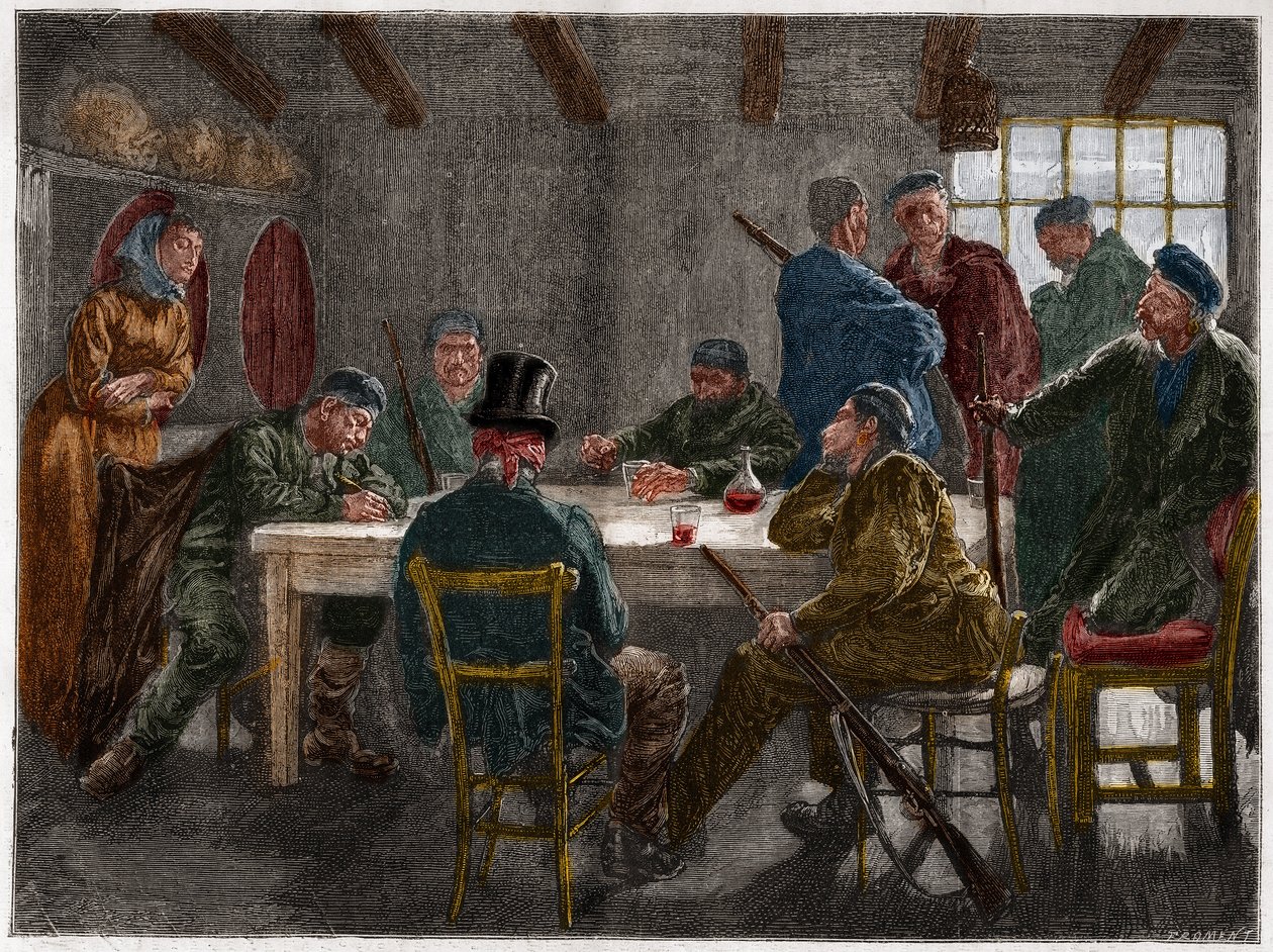 Sizilianische Mafia im 19. Jahrhundert: Verhör eines Landbesitzers durch sizilianische Mafiosi im Jahr 1873. Gravur von 1873. von French School