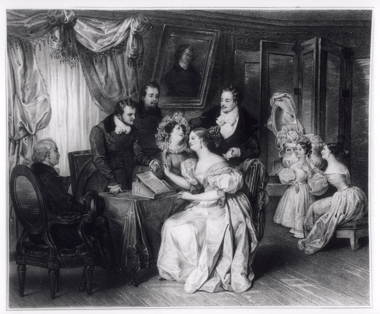 Unterzeichnung des Ehevertrags im Büro des Notars, ca. 1840 von French School