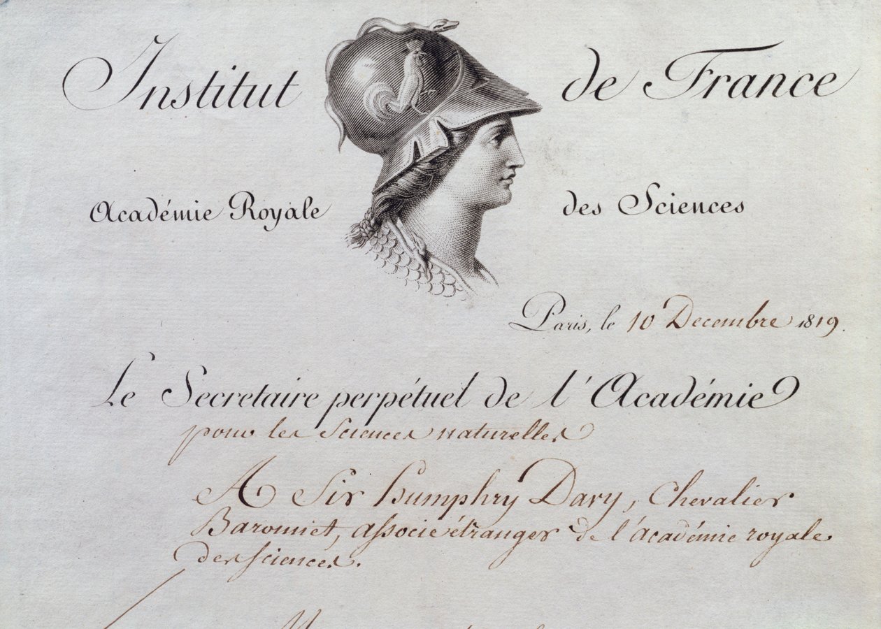 Zertifikat der Mitgliedschaft von Sir Humphry Davy (1778-1829) im Institut de France, 10. Dezember 1819 von French School