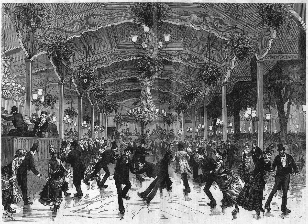 Rollschuhbahn im Bullier. Tanzbahn im Bal Bullier in Paris. Gravur in „Das Illustrierte Universum“ von French School